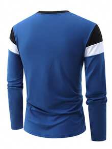 Spring & Autumn New Color Block Casual Sporty Homewear Loose Basic Long Sleeve Round Neck T-Shirt - Royal Blue - View 2