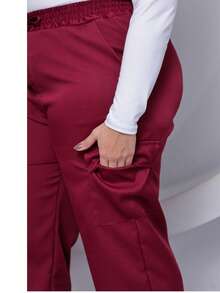 PLUS SIZE WIDE LEG HIGH WAIST PANTS WITH CARGO POCKET - 酒紅色 - 查看 1