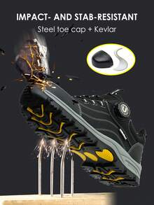 UMBURLLY Men's Safety Shoes, Anti-Smash Steel Toe, Anti-Puncture Kevlar Wear-Resistant Non-Slip Rubber Sole, Button Style, Men's Outdoor Construction Work Shoes, Workshop Industrial Safety Boots - 黑色 - 查看 3