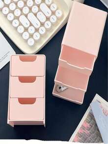 三合一迷你抽屉收纳盒（长：13厘米，宽：9厘米，高：8厘米），收纳架，桌面抽屉整理器，塑料桌面收纳抽屉，桌面首饰盒，透明配件和首饰抽屉盒，办公桌收纳盒，带3个隔层 - 粉色 - 查看 5