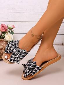 Novos chinelos femininos de tecido de linho, chinelos antiderrapantes com sola macia para ambientes internos, decoração com laço de praia