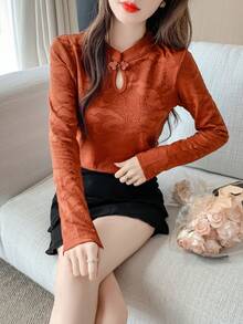 Chinese-Style Layered Top, Women's Jacquard Long-Sleeved T-Shirt, Frog Button Slim-Fit Base Layer, Elegant Basic Shirt For Autumn And Winter. - Burgundy - View 2
