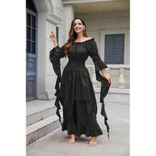 Renaissance Dress Women Victorian Medieval Gothic Witch Fairy Wedding Beige Off Shoulder Puff Sleeve Ruffle Dresses{"Color_name":"02-Black","Size_name":"Small-Medium"} - 02-黑色 - 查看 9
