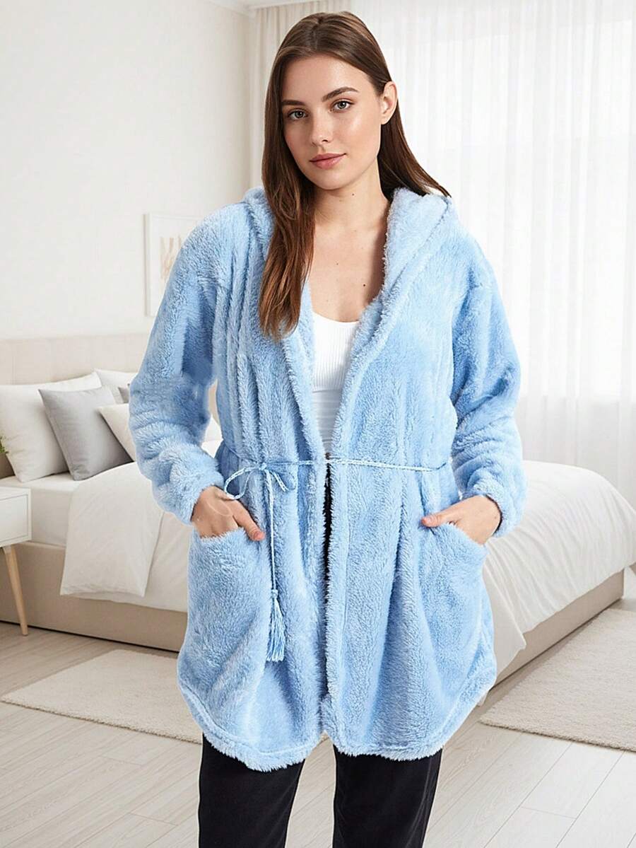Chaqueta peluche invierno con capucha, Abrigo polar talla grande mujer - Celeste - Ver 1