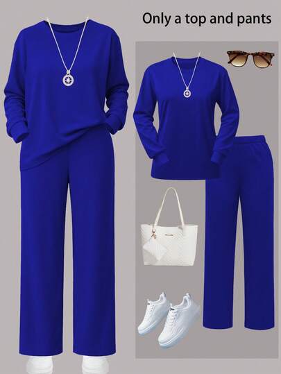 Women's Casual Sports Set, Crew Neck Long Sleeve Sweatshirt Paired With Pocket Wide Leg Straight Pants, 2 Pieces Outfit