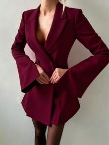 女士优雅修身喇叭袖双排扣开衩袖口和下摆西装外套，适合商务休闲通勤、日常办公室穿着，适合约会、度假、派对、街头穿着的性感装扮 - 酒紅色 - 查看 2