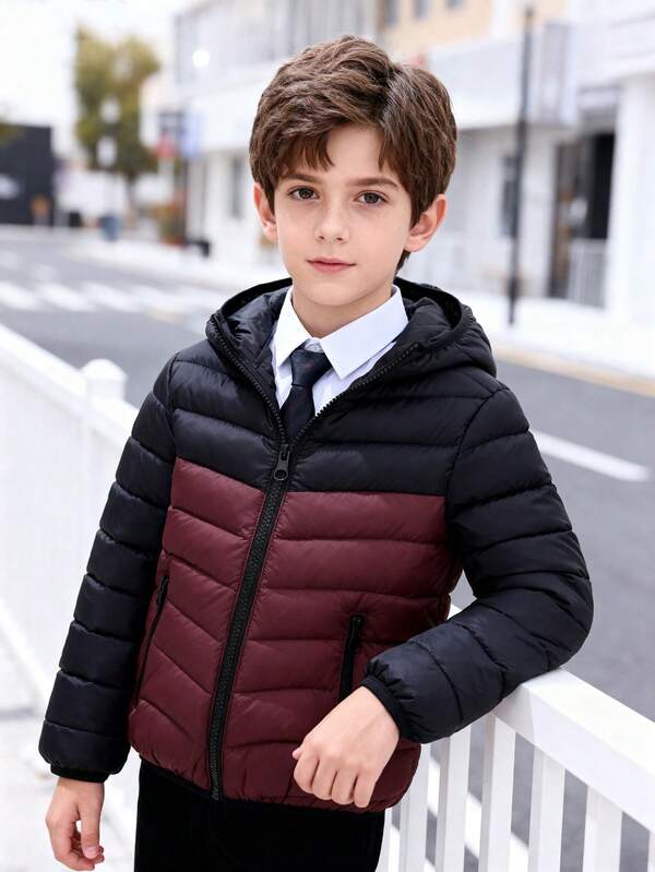 1 pieza Abrigo de invierno de patchwork para niños preadolescentes, adecuado para uso casual diario tanto en interiores como en exteriores