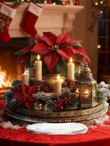 1pc Acrylic 2D Flat Christmas Centerpiece Decor - Holiday Candle Holder With Lit Candle, Poinsettia And Berries, Gold Accents, Suitable For Home And Office Decoration, Multipurpose Holiday Decor, No Power Required - Multicolor - View 3