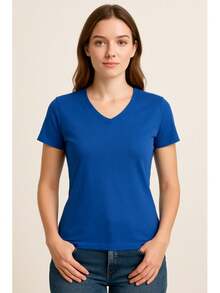 Women's Basic Short Sleeve V-Neck Blouse - Blue - View 2