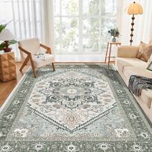 Soft Neutral Area Rugs 5x7, Washable Rug With Non Slip Backing, 5 X 7 Faux Cashmere Low-Pile Carpet, Cream White & Blue & Light Brown,  2025 Design - Green - View 12