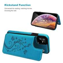 Compatible With IPhone 11 Case Wallet With Card Holder, Embossed Butterfly Premium PU Leather Double Magnetic Buttons Flip Shockproof Protective Cover For IPhone 11 6.1 Inch(Blue){"Color_name":"Blue"} - 多色1 - 查看 5