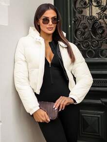 Women's Casual Solid Color Hooded Down Cropped Jacket With Zippered Pockets And Long Sleeves, Perfect For Winter Parties - Beige - View 2