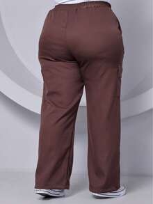 PLUS SIZE WIDE LEG HIGH WAIST PANTS WITH CARGO POCKET - 鏽棕色 - 查看 3