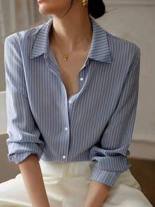 Plus 女士优雅条纹纽扣翻领长袖衬衫 - 藍色 - 查看 3