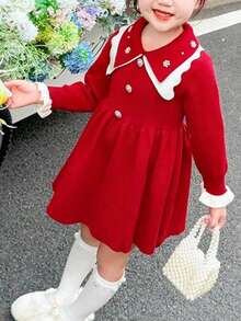 1 件年轻女孩时尚勃艮第长袖连衣裙，双层荷叶边串珠圆领公主裙，荷叶边下摆毛衣裙 - 紅色 - 查看 3