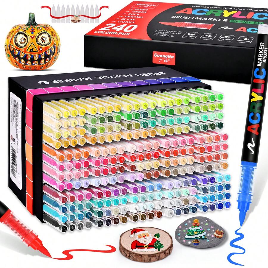 GuangNa Bút dạ Acrylic 240 màu với hệ thống kiểm soát mực chảy tự do và đầu cọ mềm dẻo. Thích hợp để tô màu, vẽ thủy tinh, dệt may, trứng, đá, đồ thủ công mỹ nghệ.