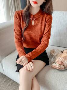 Chinese-Style Layered Top, Women's Jacquard Long-Sleeved T-Shirt, Frog Button Slim-Fit Base Layer, Elegant Basic Shirt For Autumn And Winter. - Burgundy - View 5