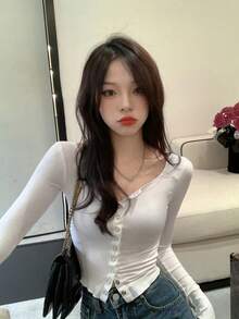 Women's Solid Color Casual Versatile Cuffed Cardigan Long Sleeve T-Shirt White Spring - White - View 3