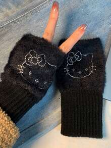 Sanrio 1 Pair Hello Kitty Plush Rhinestone Gloves, Thick & Warm For Winter, Cute Cartoon Design For Women, Flexible & Convenient, Suitable For Autumn/Winter - Multicolor - View 2