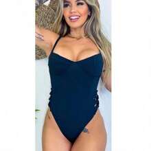 Body/maiô CANELADO, com bojo, sem forro, trançado lateral, meia taça