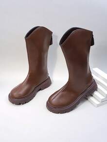 1 Pair Brown Girls' Tall Warm Thermal Lined Boots, Fashion Letter Print Anti-Slip Rubber Soft Sole Leather Patchwork Lining, Easy Pull-On Design, Round Toe Soft PU, Cute High-Top Princess Leather Boots, Suitable For 3-15 Years Old Girls, Casual, School, Holiday, Party, Autumn/Winter 2025 New - Brown - View 20