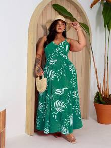 Women's Plus Size Printed Long Dress With Waistband, Lightweight Fabric, Summer Curve G1 And G2 - 薄荷綠 - 查看 1