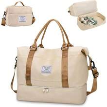 Maleta Deportiva Mujer Impermeable, Bolsa Deportiva Gran Capacidad, Bolsa de Viaje con Compartimento para Zapatos, Bolsa Gym para Hombres y Mujeres, Mochilas deportivas Separado Hmedo y - Beis - Ver 2