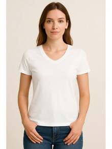 Women's Basic Short Sleeve V-Neck Blouse - White - View 2