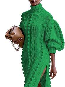 HERTALK Women's Pullover Sweater Dress Autumn And Winter Turtleneck Ribbed Chunky Knit Slit Midi Dress Fall Dresses For Women - 綠色 - 查看 3