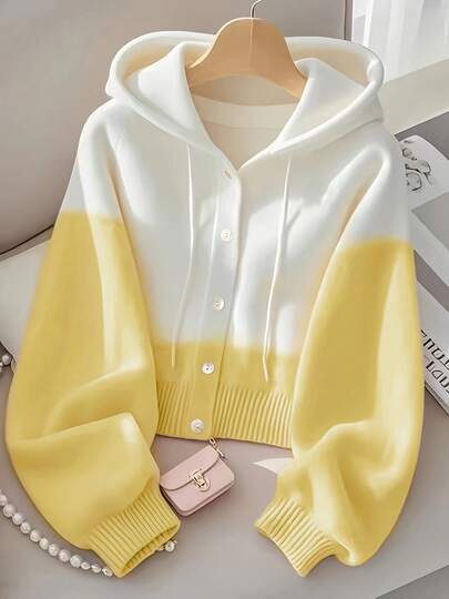 Women'S Casual  Color Block Hooded Sweater - Cozy Long Sleeve Cardigan With Button Details