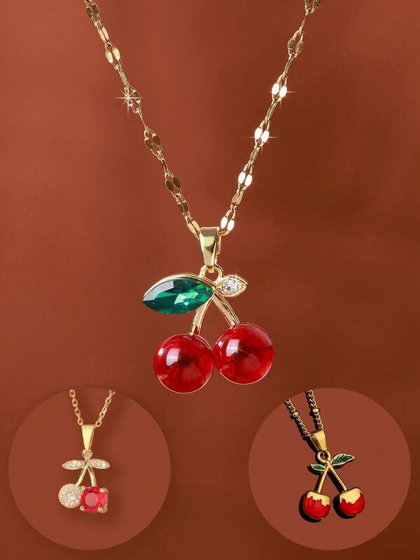 1 Stück Vintage-Stil Damen luxuriöse goldene Kirsche Anhänger Halskette, geeignet für den täglichen Gebrauch, Feste und Partys