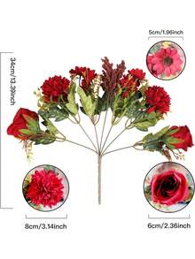 1 Bó hoa giả, gồm hoa hồng giả, hoa cúc giả và bồ công anh giả, thích hợp cho đám cưới, trang trí tiệc tại nhà và làm vật trang trí bàn. - Đỏ - Xem 2
