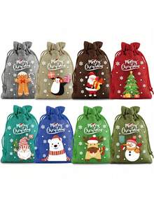 8/1件圣诞节抽绳礼品袋，圣诞节包装袋，粗麻布袋，装饰性节日派对礼物，圣诞节粗麻布袋，捆绑袋，跨境派对节日礼品袋，抽绳儿童卡通糖果袋，粗麻布袋，万圣节，圣诞节 - 彩色 - 查看 4