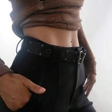 1pc Women's Retro Print Metal Rivet Boho Style Belt, Black Summer, School Fall, Autumn, Halloween - Black - View 3