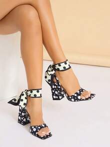 Sandalias de tacón alto para mujer, moda para fiestas y eventos al aire libre, de tacón grueso y punta cuadrada, con diseño de lazo en la cintura y correa en el tobillo, elegantes y lujosas sandalias de tacón alto negro de alta calidad