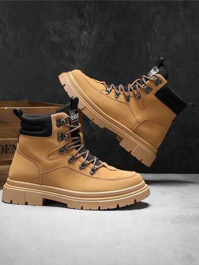 2025新款男士高帮皮靴，厚底耐磨圆头系带舒适高帮靴，纯色时尚百搭休闲男靴，户外运动男登山靴，复古舒适户外工作耐穿安全鞋