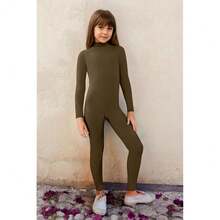 YgneeDom Kids Girls One Piece Spandex Unitards, Long Sleeve Turtleneck Unitard, Full Body Catsuit, Dance Leotard Costumes{"Color_name":"Brown","Size_name":"Small"} - 棕色 - 查看 5