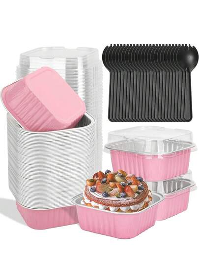 1pc/5pcs/10pcs Cupcake Mold With Lid, Aluminum Foil Cupcake Cup Baking Mold,Square Baking Bowl,Disposable Cake Pans,Square Tiramisu Packaging Tin Foil Box, Aluminum Foil Cake Box, Dessert Baking Mold, Tin Foil Cup,Square Tiramisu Cake Pans, Chocolate Packaging Box