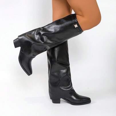 Stivali donna eleganti e casual a tacco largo, di colore unito, versatili, antiscivolo e caldi, con altezza al polpaccio