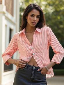 Camisa de mujer con botones, ajuste casual y estilizado, cuello en V, manga 3/4, sólido/a rayas - Rosa - Ver 3