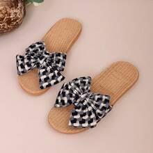 Novos chinelos femininos de tecido de linho, chinelos antiderrapantes com sola macia para ambientes internos, decoração com laço de praia