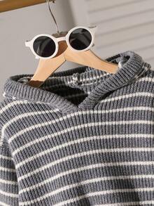 1 件男童韩版时尚宽松粗针织套头衫，休闲绿色粗针织圆领毛衣，秋季 - 灰色 - 查看 2