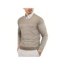 Men's Crew Neck Sweater Slim Fit Lightweight Sweatshirts Knitted Pullover For Casual Or Dressy Wear - 細條紋白色和卡其色 - 查看 1
