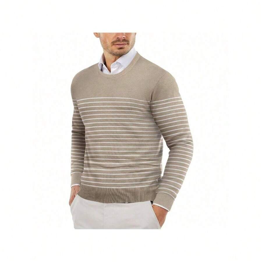 Men's Crew Neck Sweater Slim Fit Lightweight Sweatshirts Knitted Pullover For Casual Or Dressy Wear - 細條紋白色和卡其色 - 查看 1