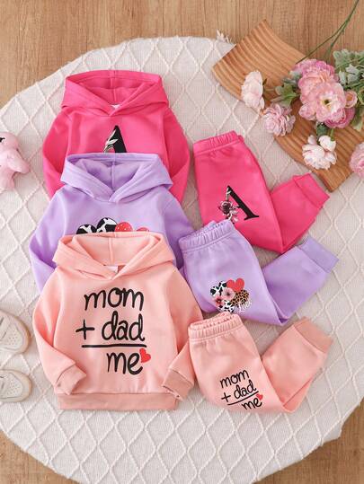 6pcs/Set Girls Pink/Rose Red/Purple Hooded Sweatshirt + Pants Set, Casual Style, Soft Fabric, Letter & Heart Flower Print Decor, Suitable For Autumn/Winter Daily Wear