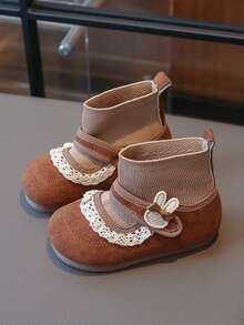 女童秋冬踝靴，新款时尚可爱婴儿弹力儿童袜靴，舒适软底防滑弹力靴 - 棕色 - 查看 2