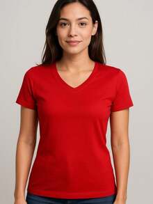 Women's Basic Short Sleeve V-Neck Blouse - Red - View 1