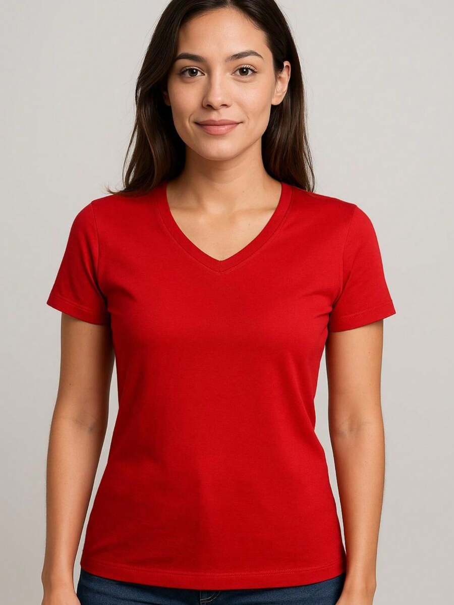Women's Basic Short Sleeve V-Neck Blouse - Red - View 1