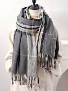 1pc 65*180cm Women's Stylis Two-Color Check, Long Tassels Scarf. Ponchos For Women, Scarfs, Scarves For Women, Scarf Winter, Fall Accessories, More Than Ninety Percent Of People Chose, Suitable For Dates, Casual And Formal Outings, Versatile Fashion Accessories, And Night Date Outfits.