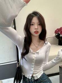 Women's Solid Color Casual Versatile Cuffed Cardigan Long Sleeve T-Shirt White Spring - White - View 5